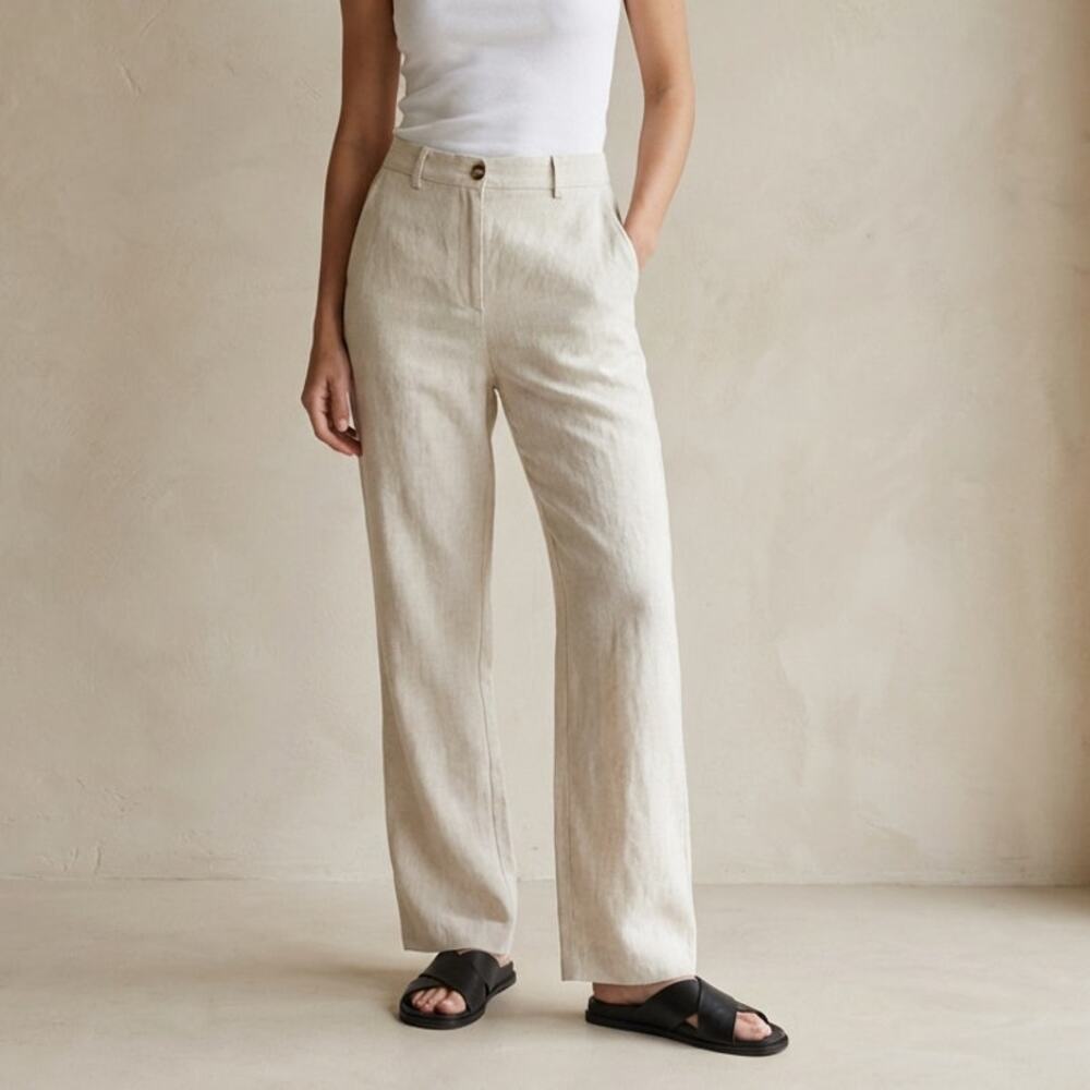 Reformation Freddie High-Rise Straight-Leg Natural 100% Linen Pants, size 2